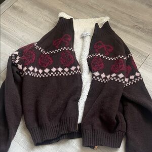 Sweet Rain Brown Knit Zip-Up Jacket with Pink and Burgundy Fair Isle
